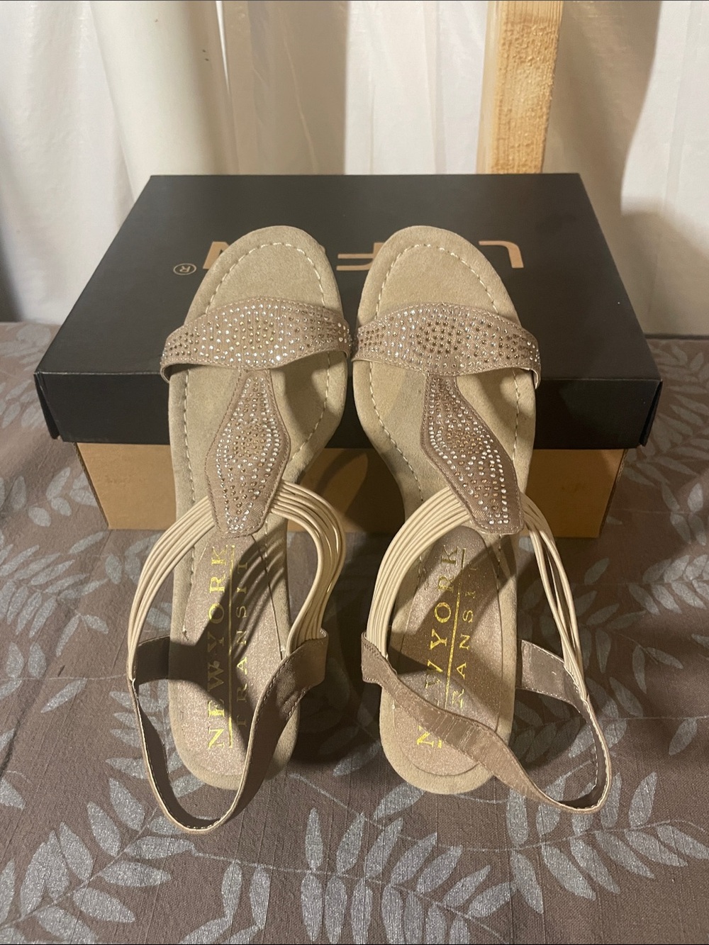 New York Transit Taupe Rhinestone T-Strap Slingback Sandals